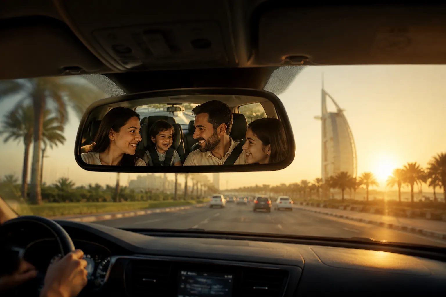 Family loading a rented SUV in Dubai for a week-long trip