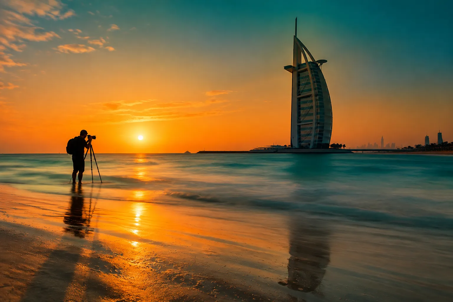 Sunset Beach at golden hour with the Burj Al Arab in the background, Jumeirah's most photographed location
