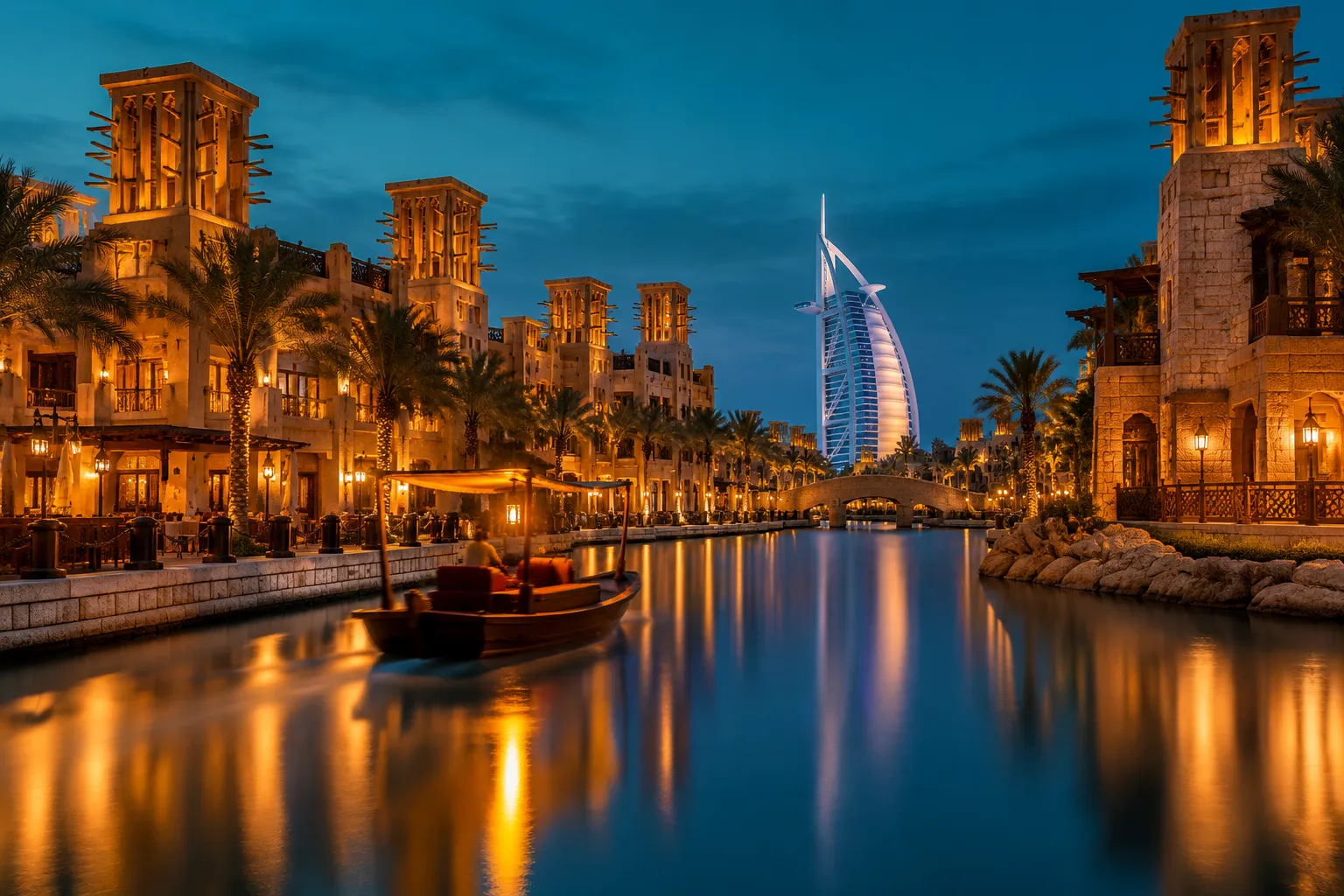 Madinat Jumeirah's waterways at blue hour, the standout Zone 2 architecture location