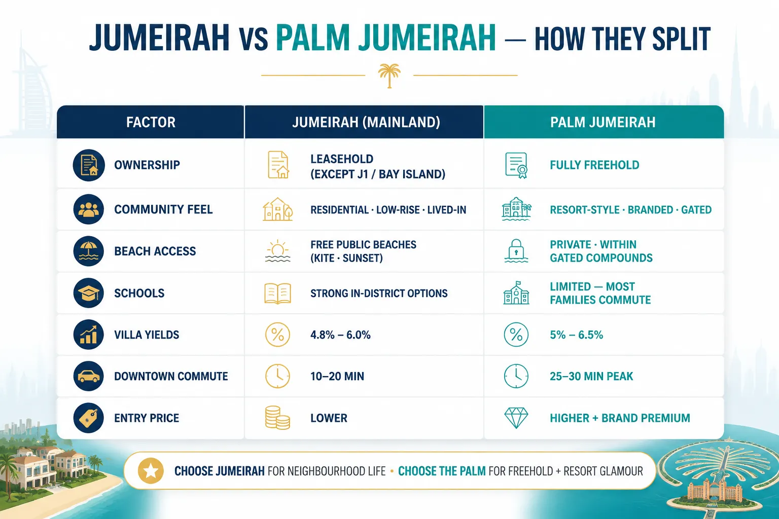 Comparison table of Jumeirah mainland versus Palm Jumeirah