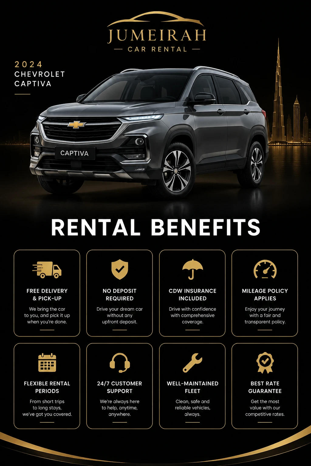 Rental benefits for Chevrolet Captiva 2024 at Jumeirah Car Rental