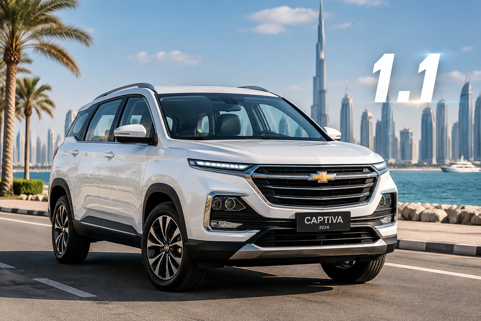 Rent Chevrolet Captiva 2024 in Jumeirah Dubai – 7-seater SUV hero front three-quarter daylight