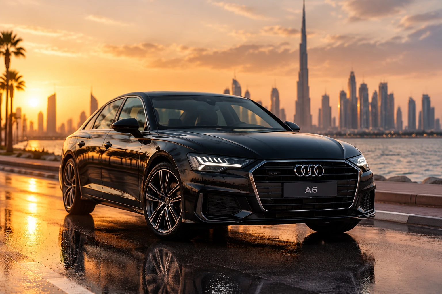 Audi A6 2023 luxury sedan rental in Jumeirah Dubai sunset view