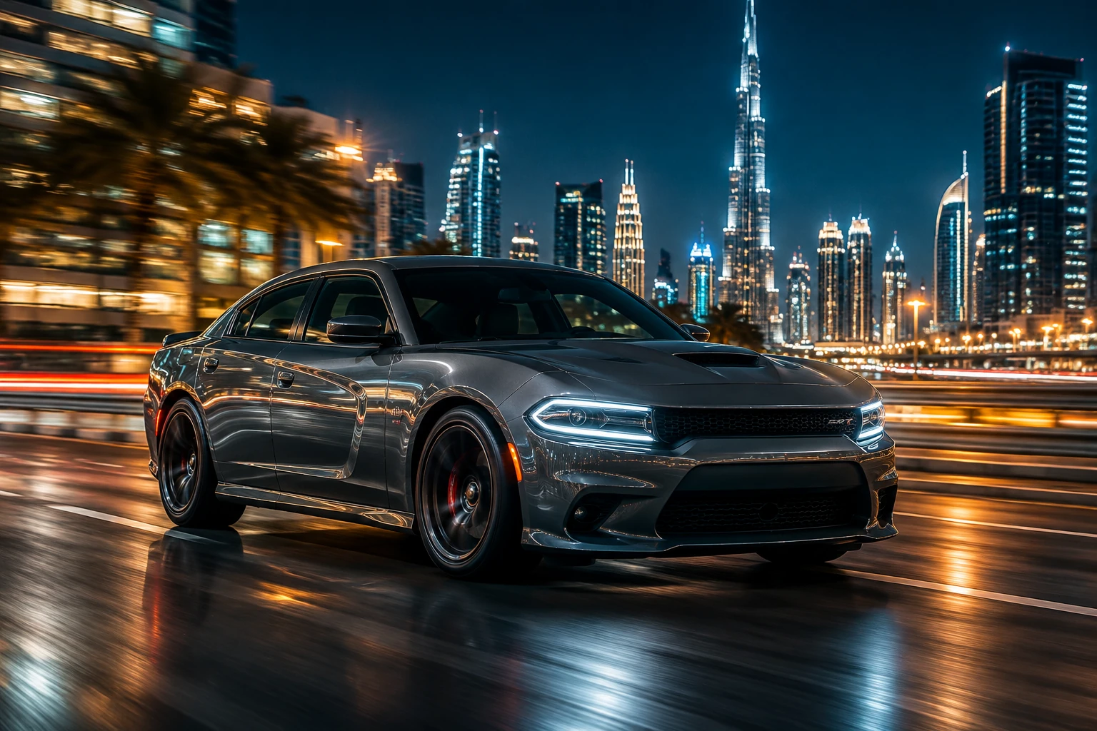 Dodge Charger 2023 driving at night in Dubai
