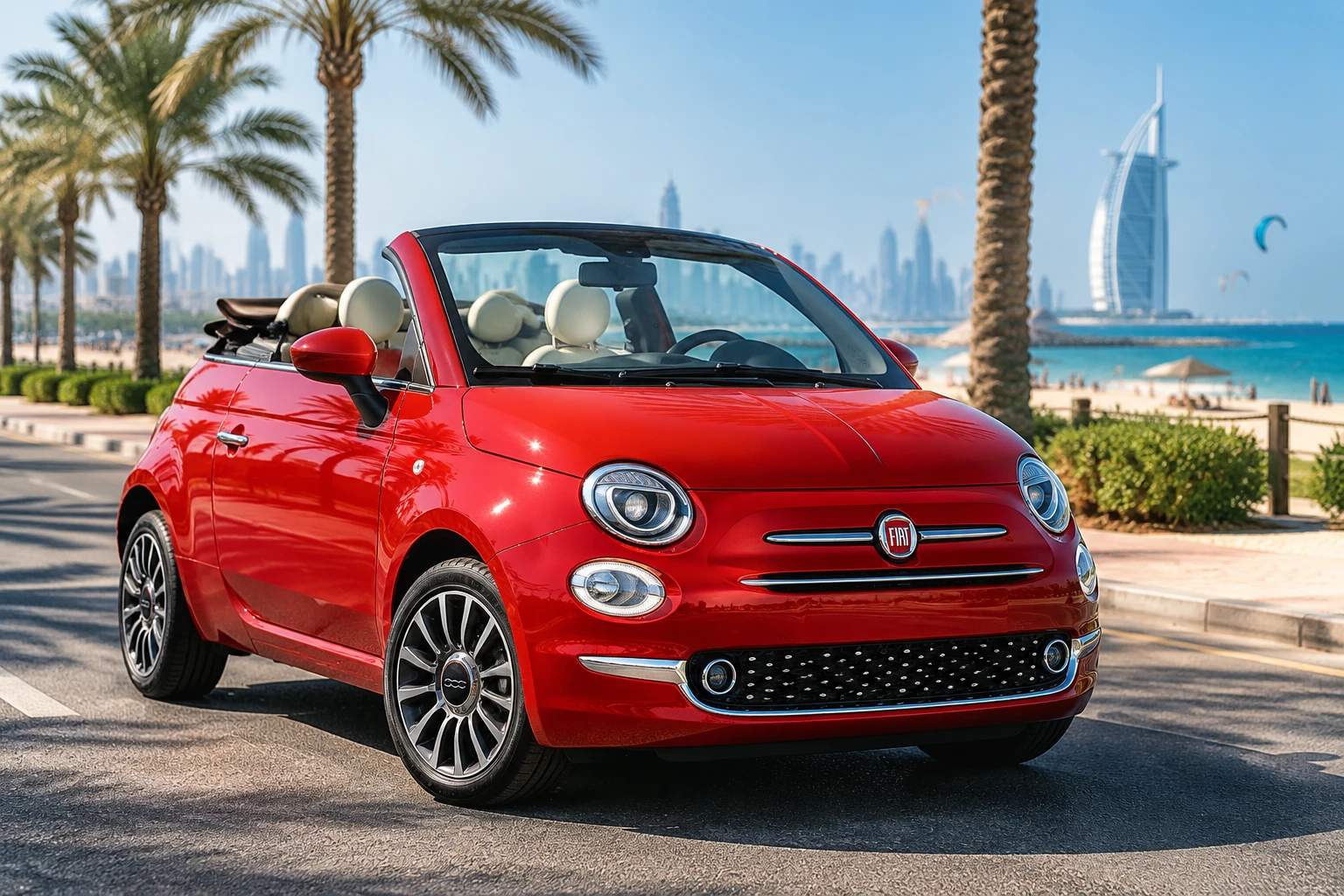 FIAT 500 2024 Chili Red convertible rental in Jumeirah